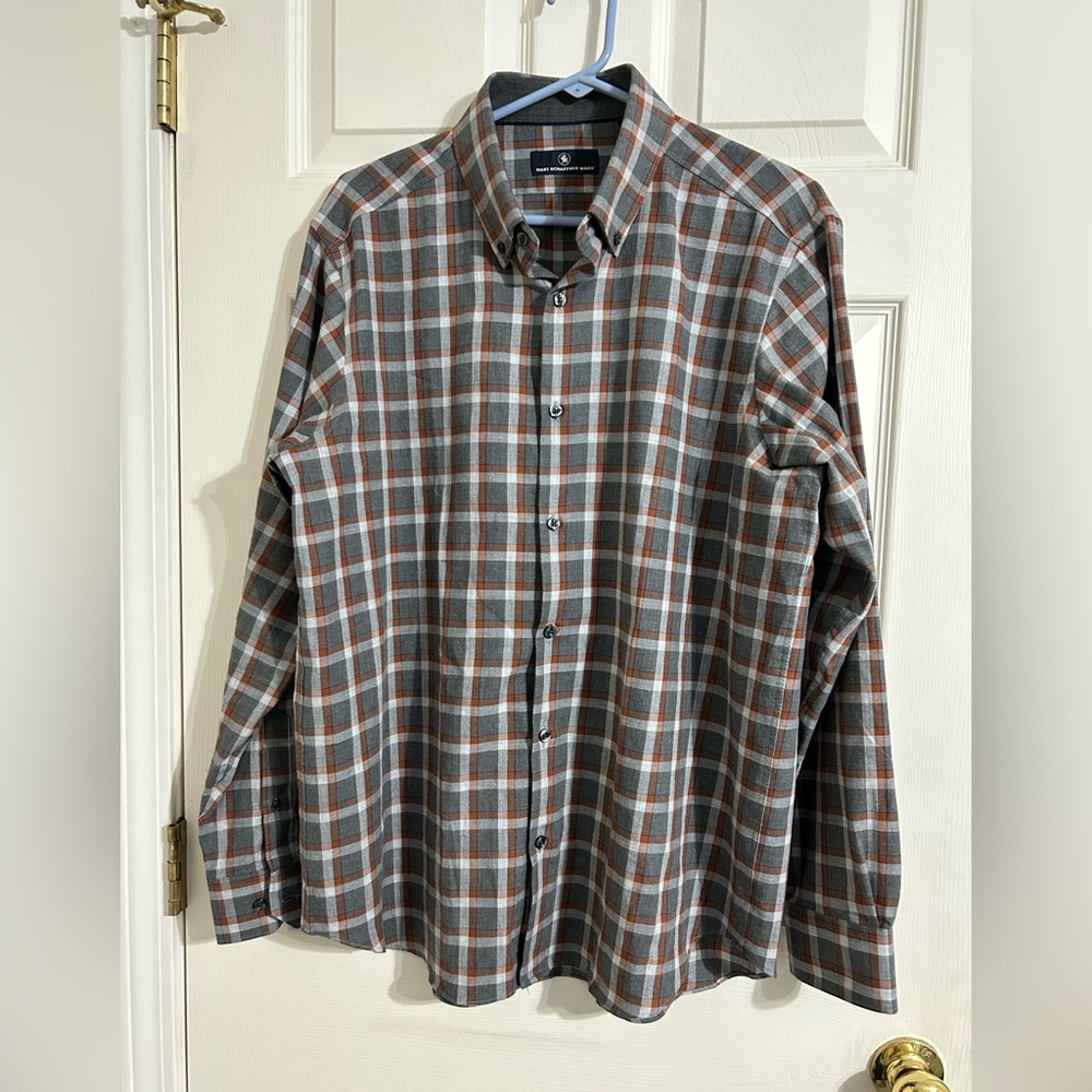 Hart Schaffner Marx Plaid Shirt Gray Rust Egyptian Cotton Long Sleeve Sz L